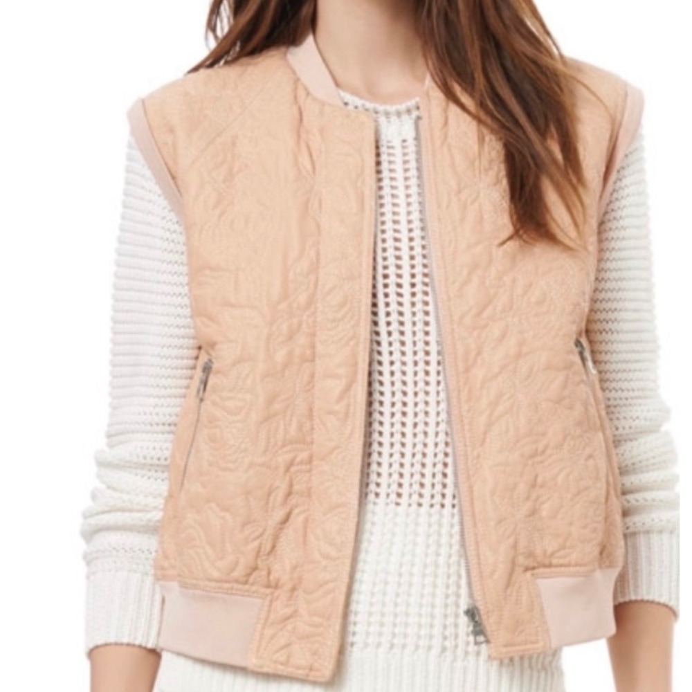 Rebecca Taylor Genuine Lamb Leather Floral Quilted Vest Blush Pink Zip front 8‎